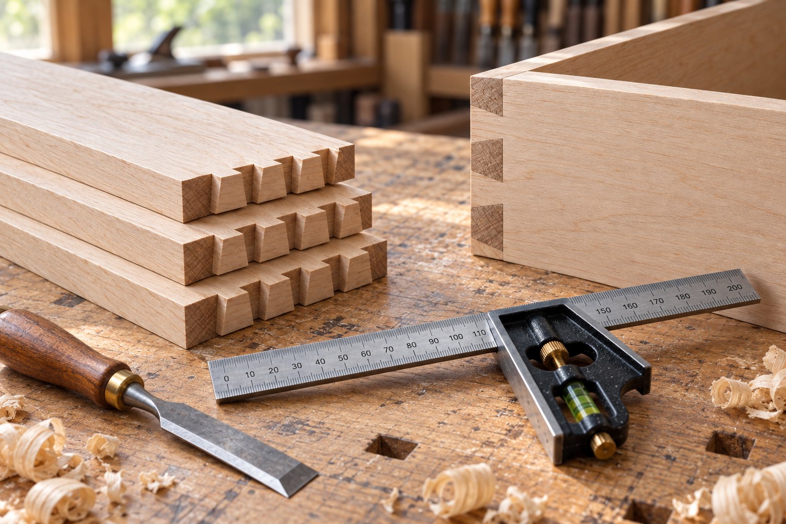 Hand-cut dovetail joints in hardwood on a workbench, with chisel and square